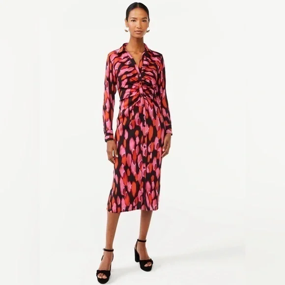 SCOOP MIDI SHIRT DRESS WITH RUCHING PINK BRUSH‎ DOT - Picture 2 of 8